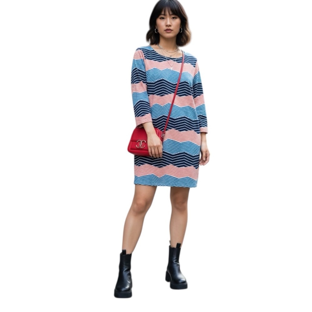 BCBGmaxazria NEW Shift Graphic Sheath Dress Stretch Digital Chevron 3/4 Sleeve